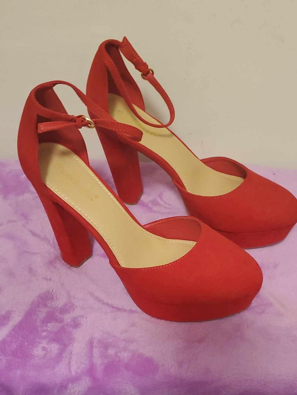 Shoe Dazzle Red Platform Ankle-Strap Block Heels